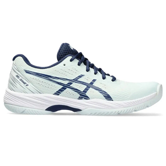 Light blue and navy ASICS Womens Gel-Game 9 Tennis Shoe displayed in Pale Mint Blue Expanse