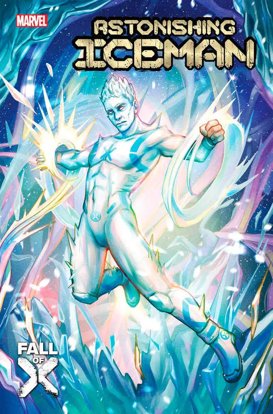 Astonishing Iceman 2 Edge Variant fall cover with glowing blue ice figure in action