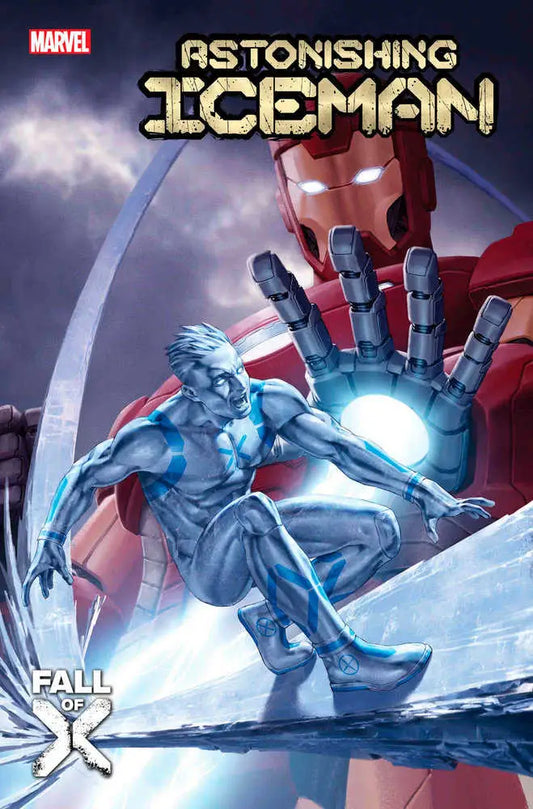 Iceman slides on ice as Iron Man reaches in this Astonishing Iceman 2 variant cover