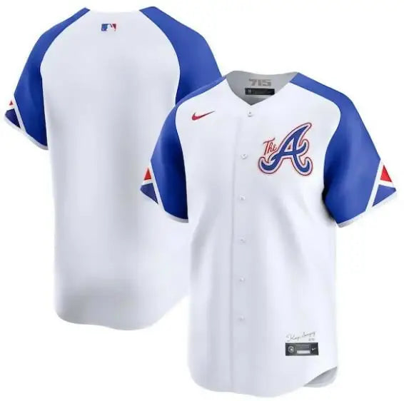 White baseball jersey with blue sleeves Atlanta Braves Nike City Connect Custom Jersey