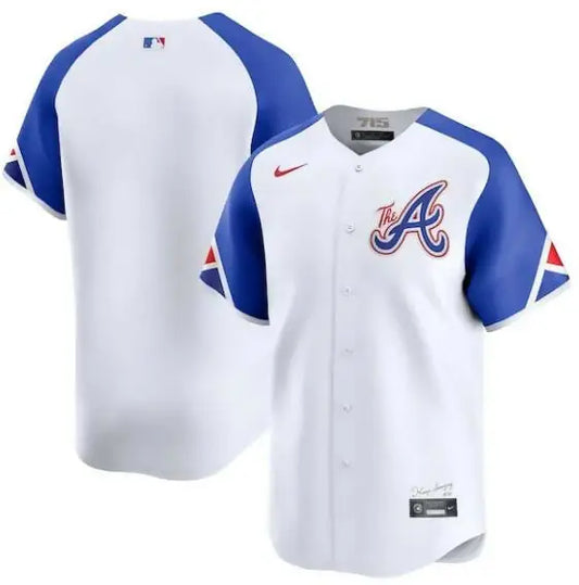 White Atlanta Braves Nike City Connect Limited Jersey with blue sleeves