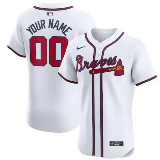 Atlanta Braves Nike Home Elite Custom Jersey in white displayed for fans