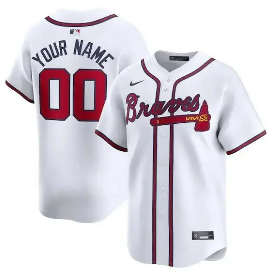 White Atlanta Braves baseball jersey displayed on Nike Home Limited Custom Jersey product