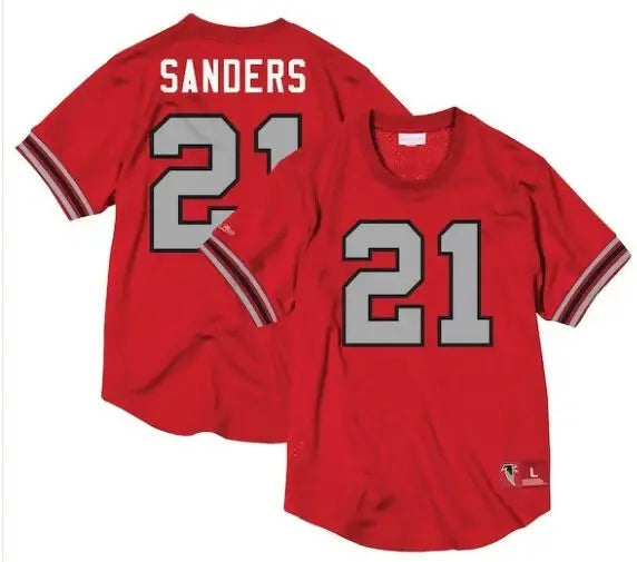 Red Atlanta Falcons Mesh Crew jersey with gray number 21 and SANDERS on the back