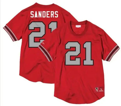 Red Atlanta Falcons Mesh Crew jersey with gray number 21 and SANDERS on the back