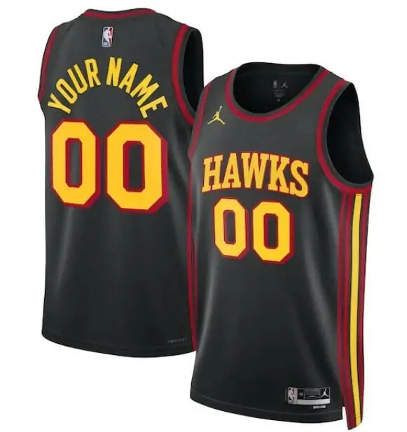 Black Atlanta Hawks Jordan Brand custom swingman jersey with red and gold trim