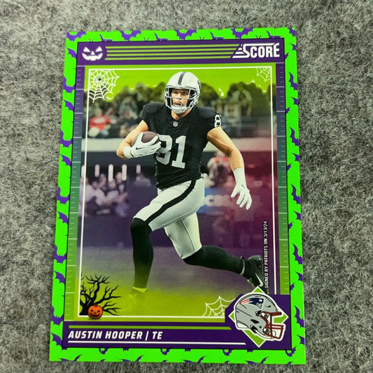 Halloween-themed Austin Hooper football trading card in Raiders uniform for Patriots set