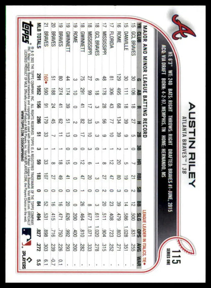 Austin Riley 2022 Topps Baseball Card featuring Atlanta Braves player in mint condition