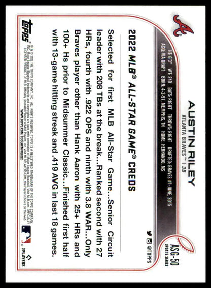 Baseball card back featuring Austin Riley from 2022 Topps Update MLB All-Star Game