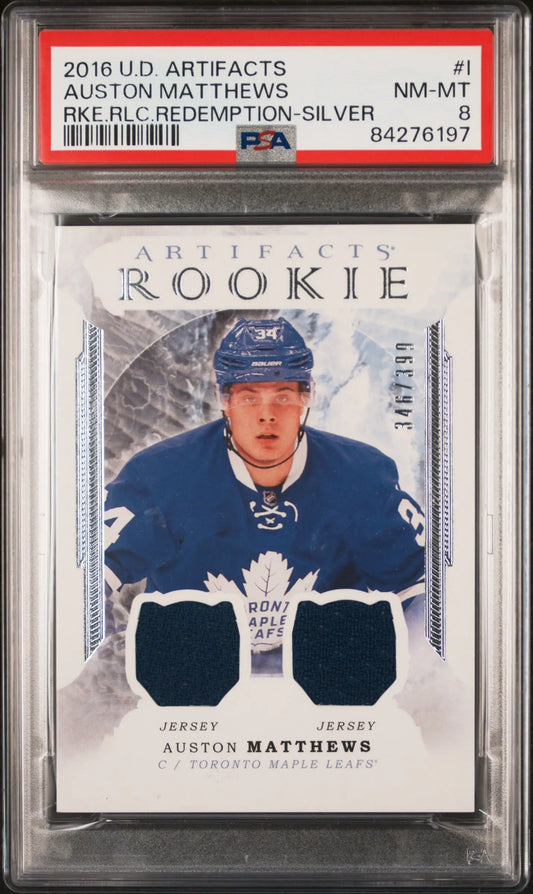 PSA-graded Auston Matthews Upper Deck Artifacts Relic Redemption hockey card with swatches