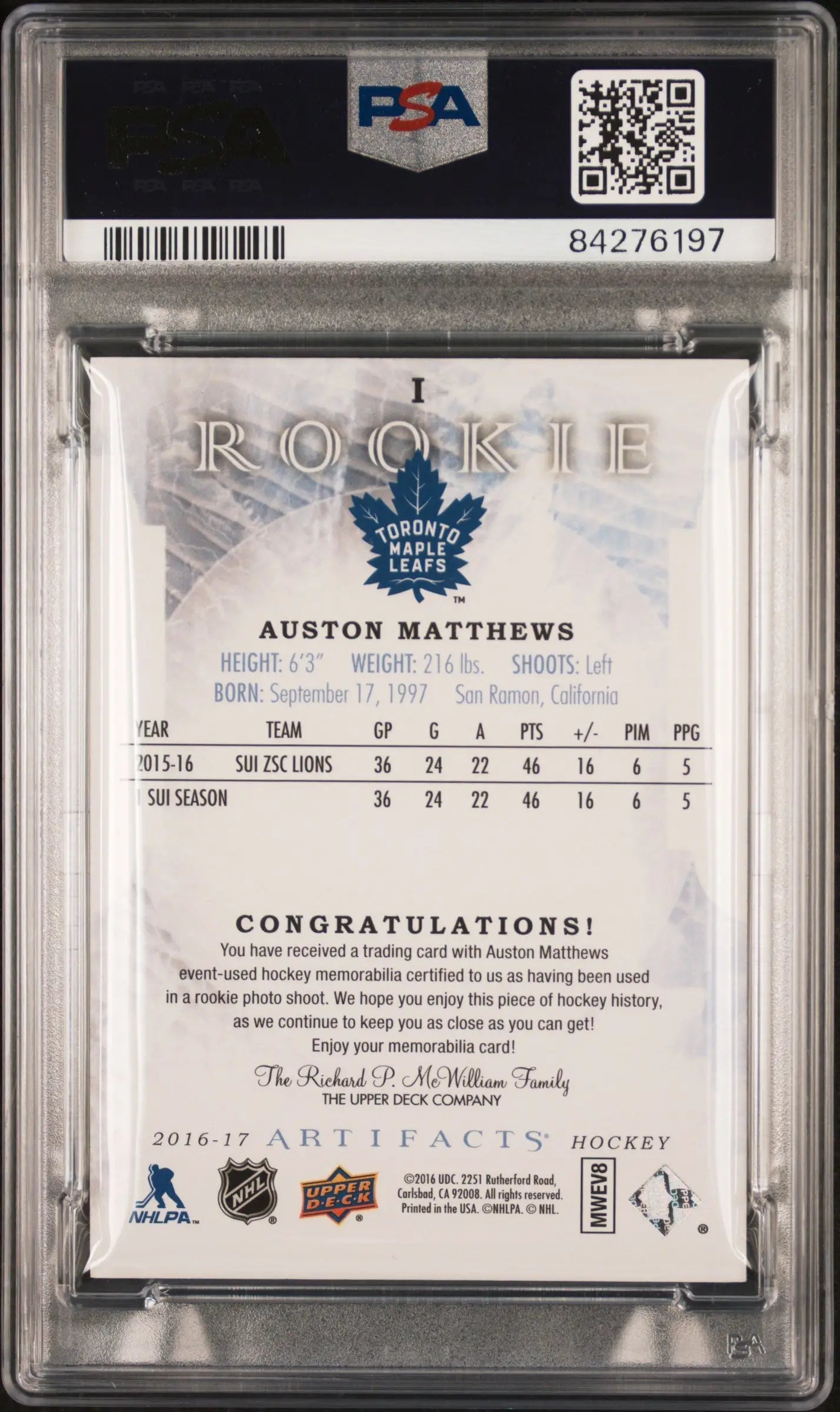 PSA-graded Auston Matthews 2016 Upper Deck Artifacts Relic Redemption with Maple Leafs logo
