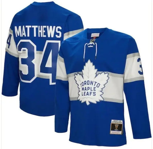 Blue and white Toronto Maple Leafs winter classic jersey with MATTHEWS 34 on back