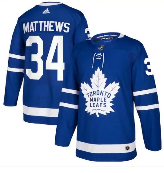 Blue Toronto Maple Leafs Auston Matthews jersey with Matthews 34 on the back