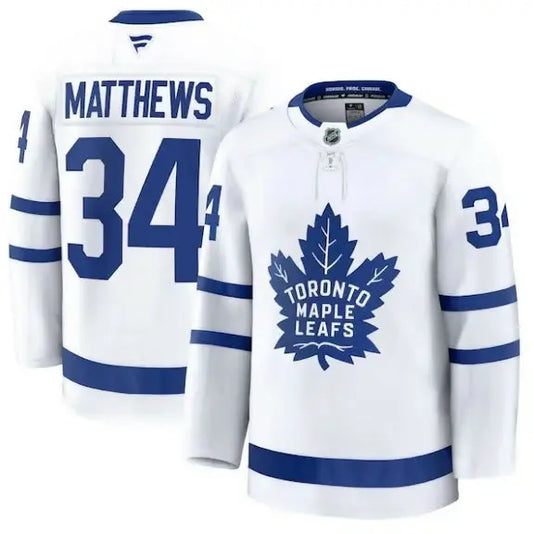 White and blue Toronto Maple Leafs away premium hockey jersey with MATTHEWS 34 on back