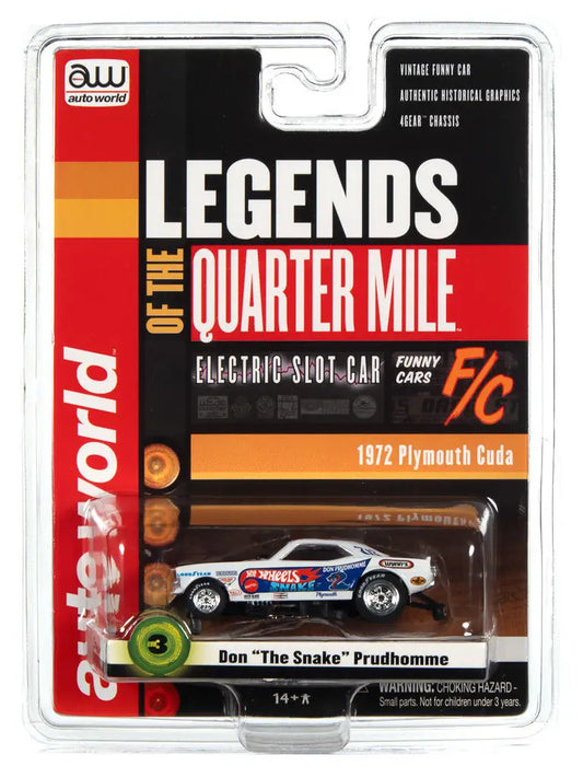 Packaged toy car model of a 1972 Plymouth Cuda Don for Auto World SC376 R1 Legends Quarter Mile