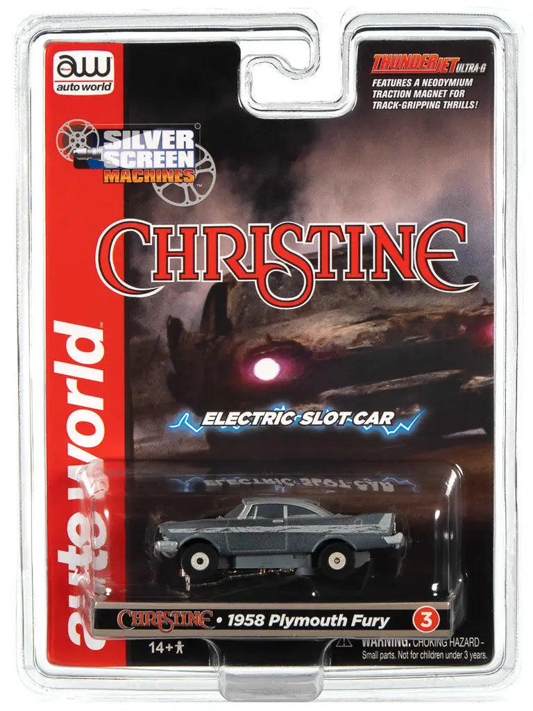 Packaged toy car model of a 1958 Plymouth Fury from Auto World Silver Screen Machines SC381