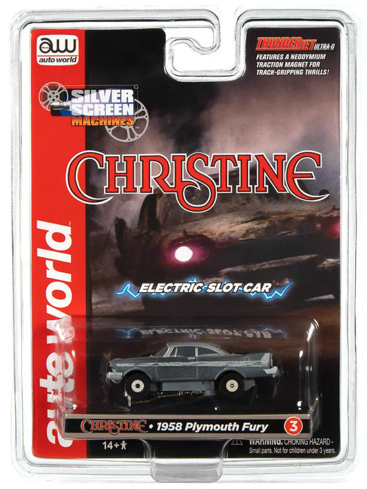 Packaged toy car model of a 1958 Plymouth Fury from Auto World Silver Screen Machines SC381