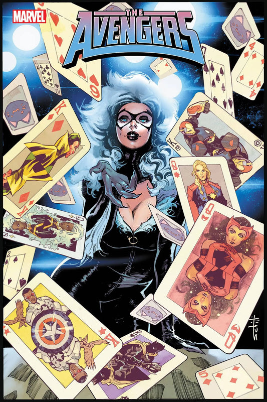 Comic book cover of Avengers #22 with blue-haired character and floating trading cards