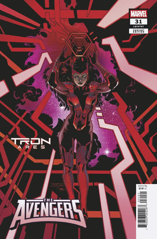 Comic book cover featuring female hero with energy construct in futuristic background, Mahmud Asrar Tron Ares Variant