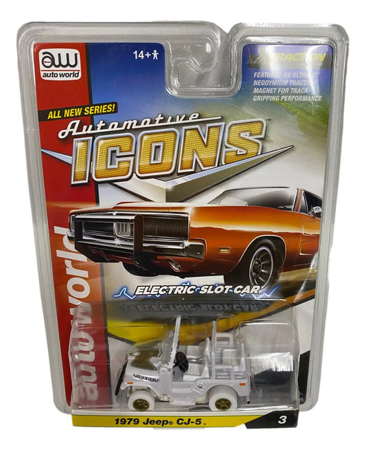 Packaged 1975 Jeep CJ-5 model from Automotive Icons SC401 R1 Slot Chase Hobby Exclusive