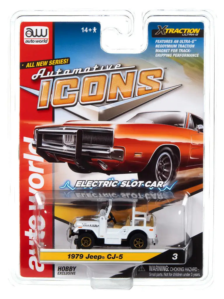 Toy car packaging showcasing classic orange muscle car and white Jeep in Automotive Icons SC401