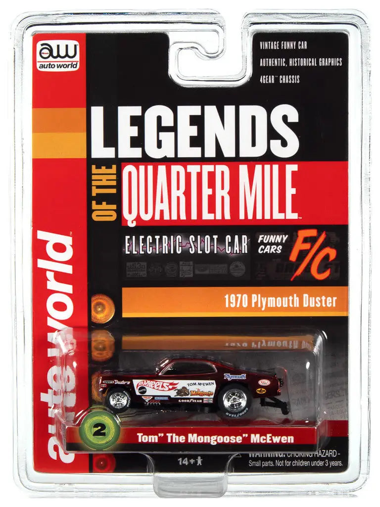 Packaged toy car model of 1970 Plymouth Duster Tom, Legends SC369 R26 Slot Car