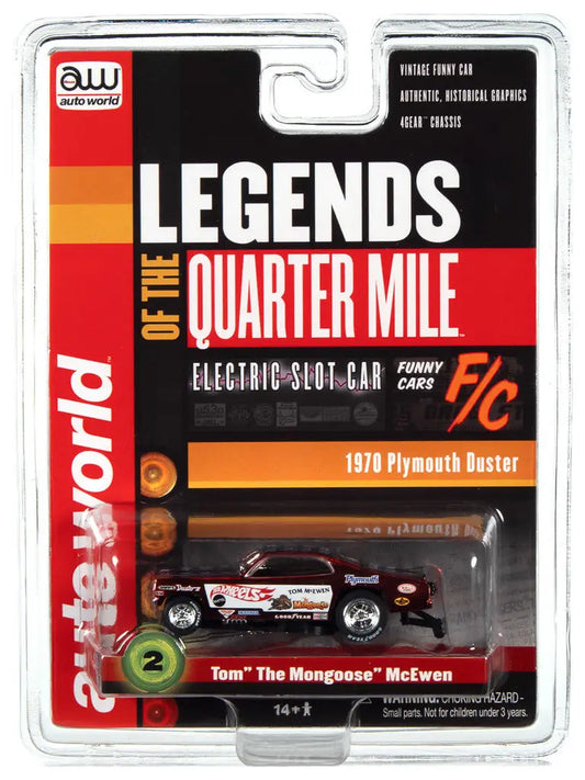 Packaged toy car model of 1970 Plymouth Duster Tom, Legends SC369 R26 Slot Car