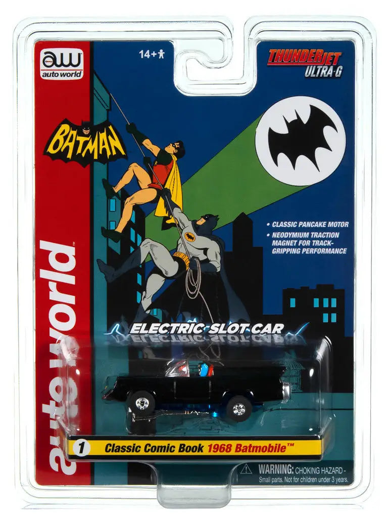 Packaged AW SC395 R1 Slot Car Classic Comic Book 1968 Batmobile in sleek black design