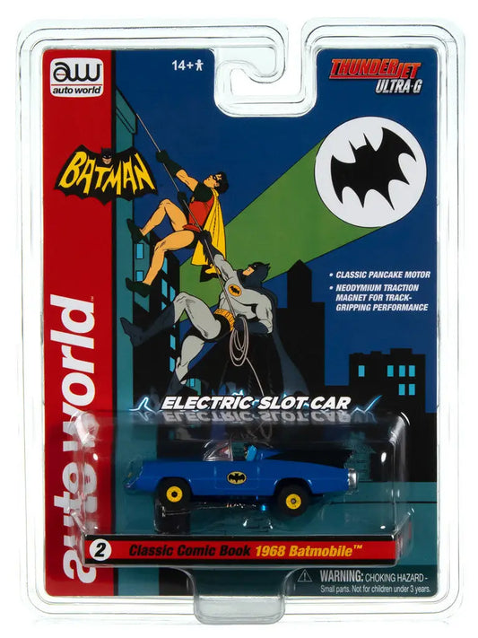 AW SC395 R1 Slot Car Classic Comic Book 1968 Batmobile Blue toy car packaging image