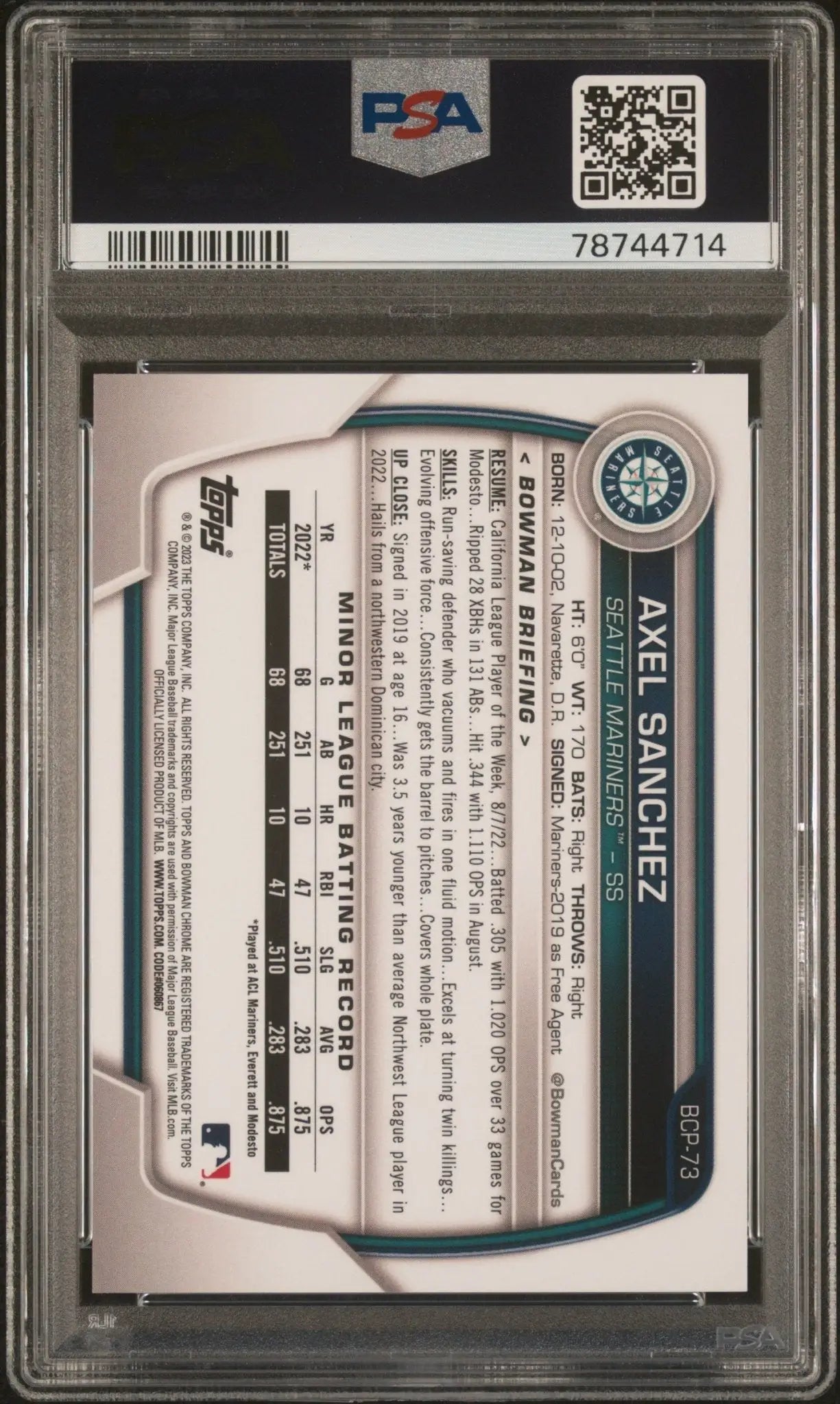 Baseball card in protective slab from AXEL SANCHEZ 2023 Bowman Mega Box Chrome