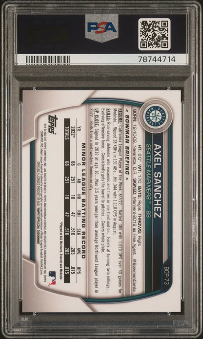 Baseball card in protective slab from AXEL SANCHEZ 2023 Bowman Mega Box Chrome
