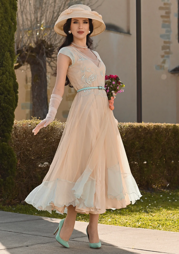 LAST ONES! SM(4) & XLG(14) ONLY - Nataya Nude/Mint, Multi-Use Silk Stitched, "Ayla" Day Dress Party, Cocktail Women's Apparel