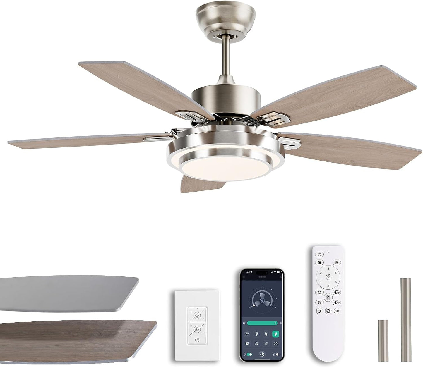 42 Inch Ceiling Fans with Lights and Remote/App Control, Modern Nickel Ceiling Fan with Quiet Reversible DC Motor, 3 CCT Dimmable LED for Bedroom, Living Room, Patio, Indoor and Outdoor-0
