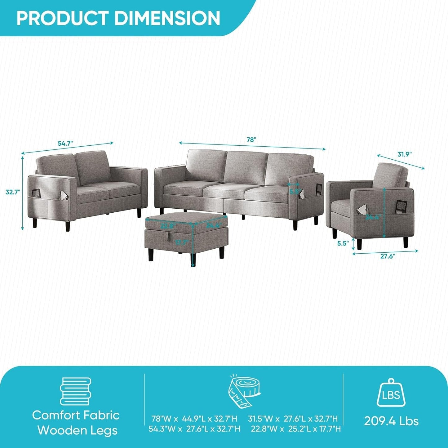 6 Seaters Sectional Upholstered Sofa, Linen Fabric Sofa Couch with Side Pockets, Free Combination Sofa Set with Movable Storage Ottoman, for Living Room-Sofa&Loveseat&Chair&Ottoman,Light Grey-1