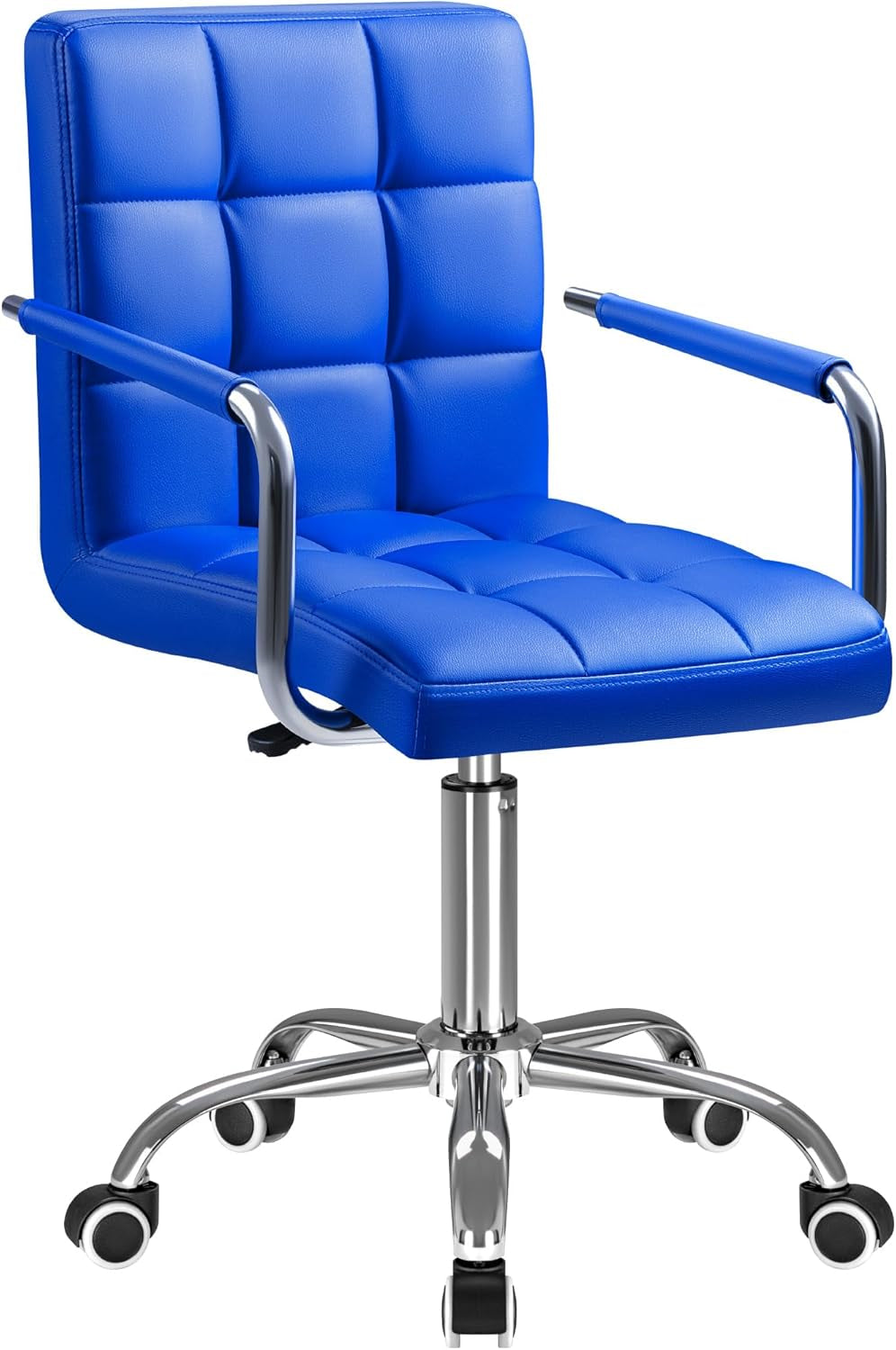 Mid-Back Office Task Chair Ribbed PU Leather Executive Chair Modern Adjustable Home Desk Chair Retro Comfortable Work Chair 360 Degree Swivel with Arms (Blue)-0