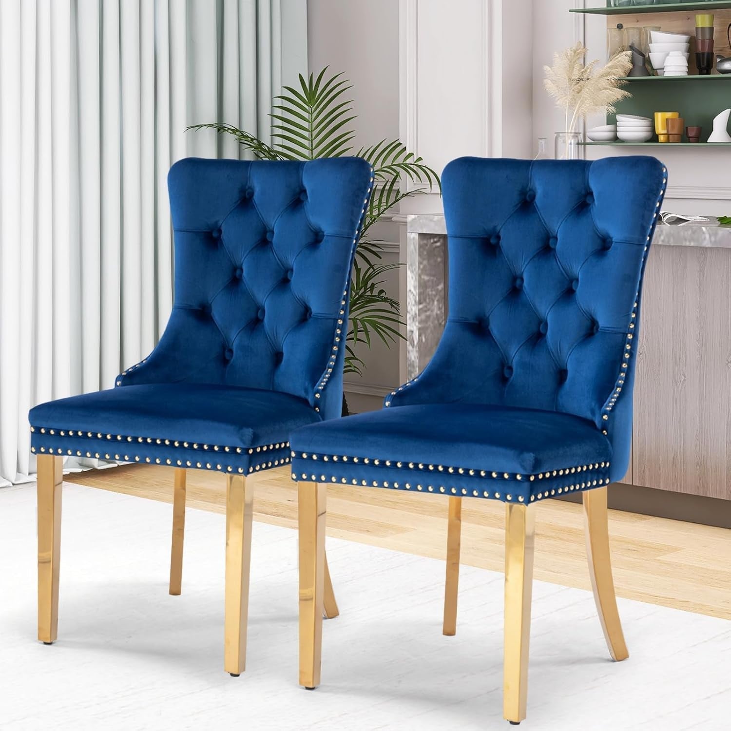 Velvet Dining Chair Set of 2, Upholstered Tufted Dining Room Chair with Nailhead Trim and Stainless Steel Gold Plated Leg for Kitchen, Blue-2