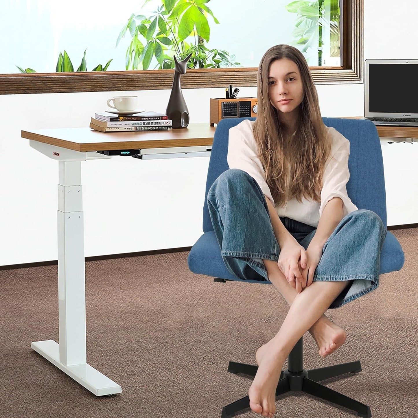 Criss Cross Chair Armless Cross Legged Office Desk Chair Adjustable Swivel Ergonomic Gaming Chair No Wheels Backrest with Wide Seat Native Sponge Computer Task Vanity Chair for Home Office,Blue-1