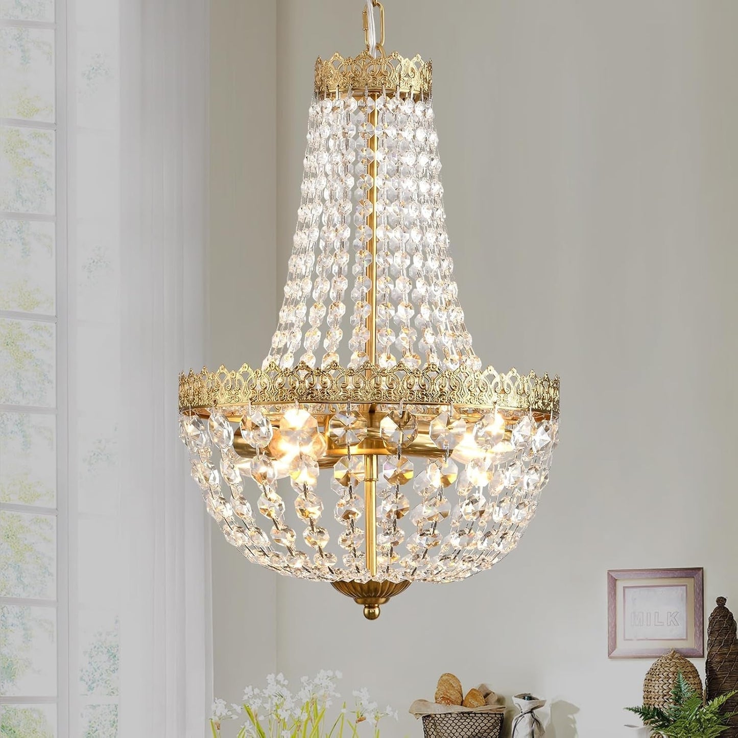 Antique Brass Crystal Chandelier Four Light Pendant-0