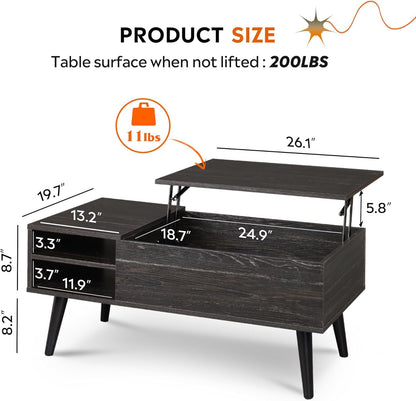 Wood Lift Top Coffee Table with Hidden Compartment and Adjustable Storage Shelf, Lift Tabletop Dining Table for Home Living Room, Office, Charcoal Black-2