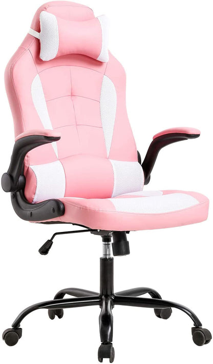 Gaming Chair Office Chair Desk Chair with Lumbar Support Flip up Arms Headrest Swivel Rolling Adjustable PU Leather Racing Computer Chair for Girls,Pink-0