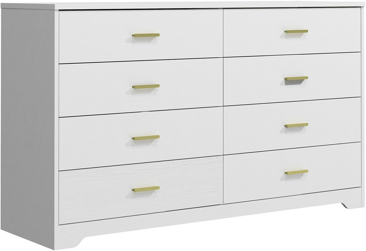 8 Drawer Wood Lateral Dresser, Big Wide Chest of Drawers Storage Organizer with Metal Gold Handles Home Bedroom (White)-0