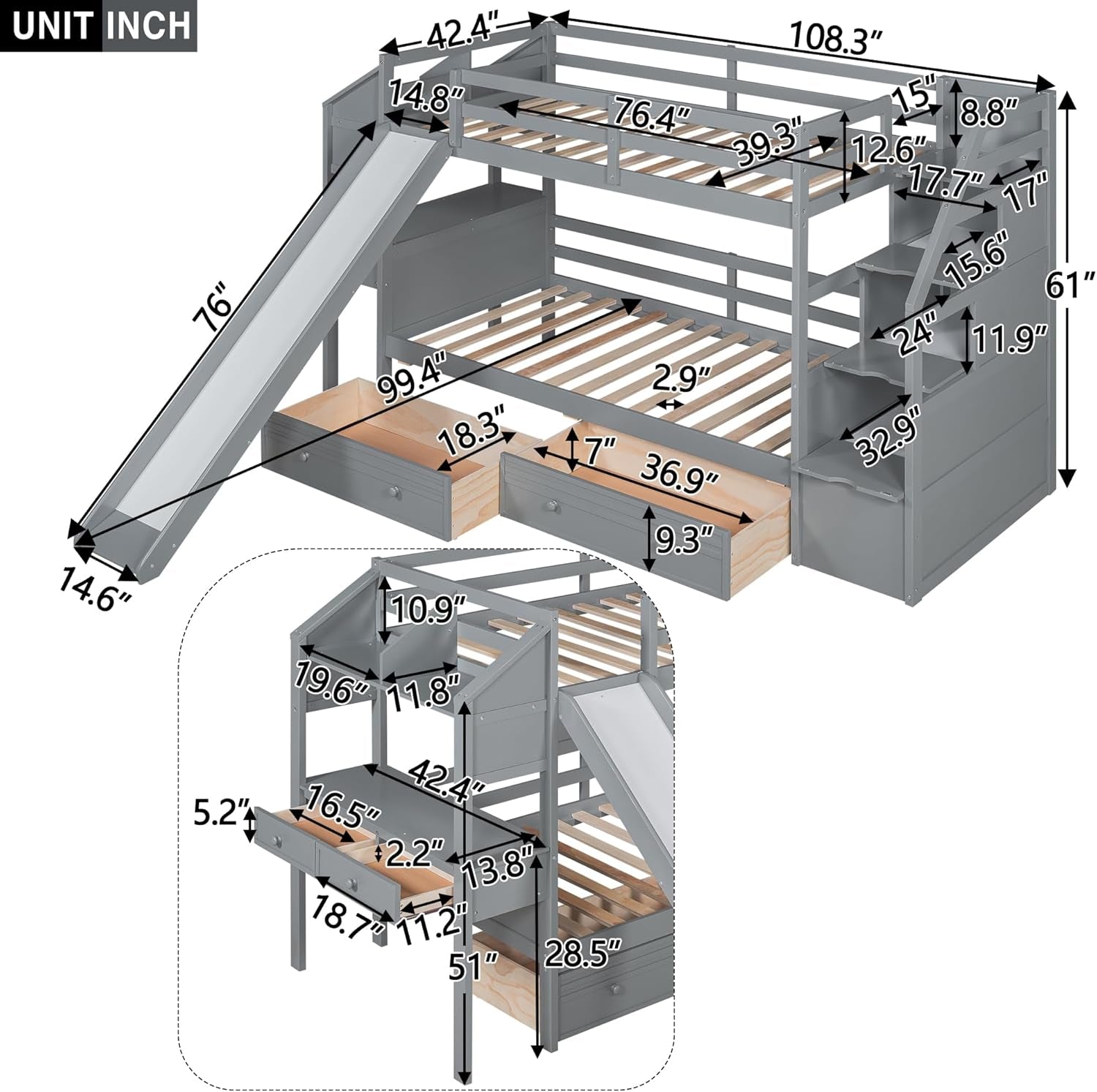 Twin over Twin Bunk Bed with 4 Drawers and Storage Staircase, Wood Bed Frame with Desk and Shelves, Twin Beds with Slide and Full-Length Guardrails for Kid'S Room or Dormitory, Gray-1