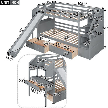 Twin over Twin Bunk Bed with 4 Drawers and Storage Staircase, Wood Bed Frame with Desk and Shelves, Twin Beds with Slide and Full-Length Guardrails for Kid'S Room or Dormitory, Gray-1