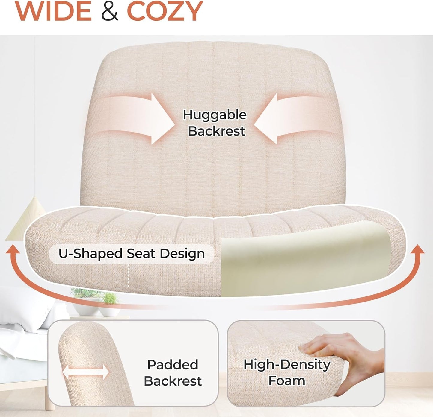 Cross Legged Office Desk Chair No Wheels Fabric Padded Modern Swivel Height Adjustable Wide Seat Computer Task Vanity Chair for Home Office Mid Back Accent Chair (Beige)-4