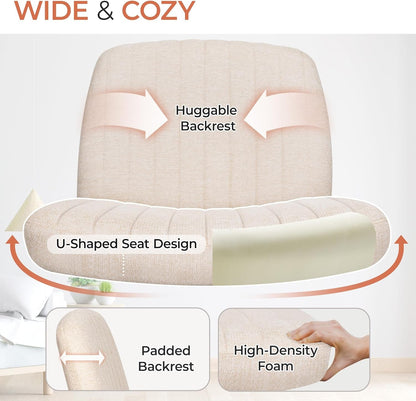 Cross Legged Office Desk Chair No Wheels Fabric Padded Modern Swivel Height Adjustable Wide Seat Computer Task Vanity Chair for Home Office Mid Back Accent Chair (Beige)-4