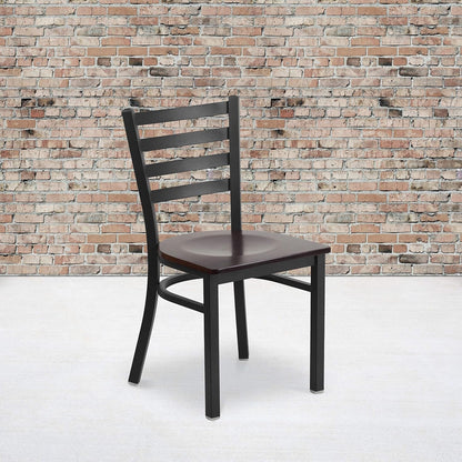 2 Pack HERCULES Series Black Ladder Back Metal Restaurant Chair - Walnut Wood Seat-1