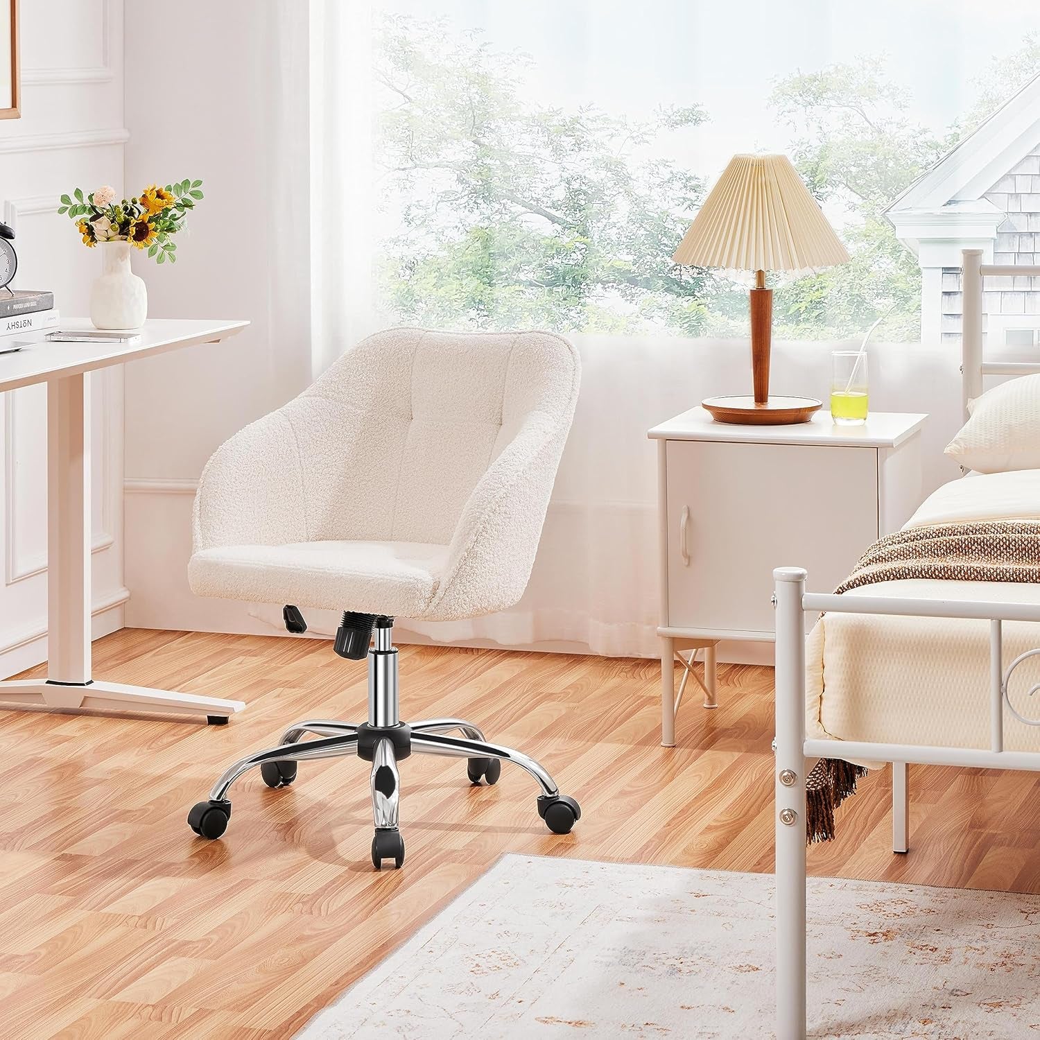 Modern Boucle Desk Chair, Makeup Vanity Chair with Adjustable Tilt Angle, Swivel Office Chair Upholstered Armchair Study Chair for Living Room and Makeup Room Ivory-1