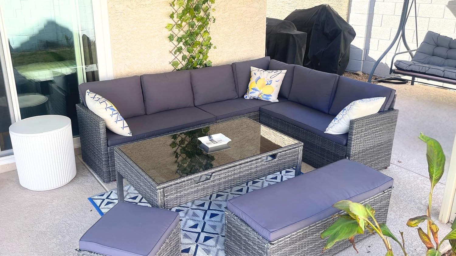 L-Shaped Outdoor Sectional Sofa Set with Adjustable Lift-Top Dining Table, All-Weather Wicker Patio Furniture, Ottoman & Tempered Glass Top, Gray Gradient-1