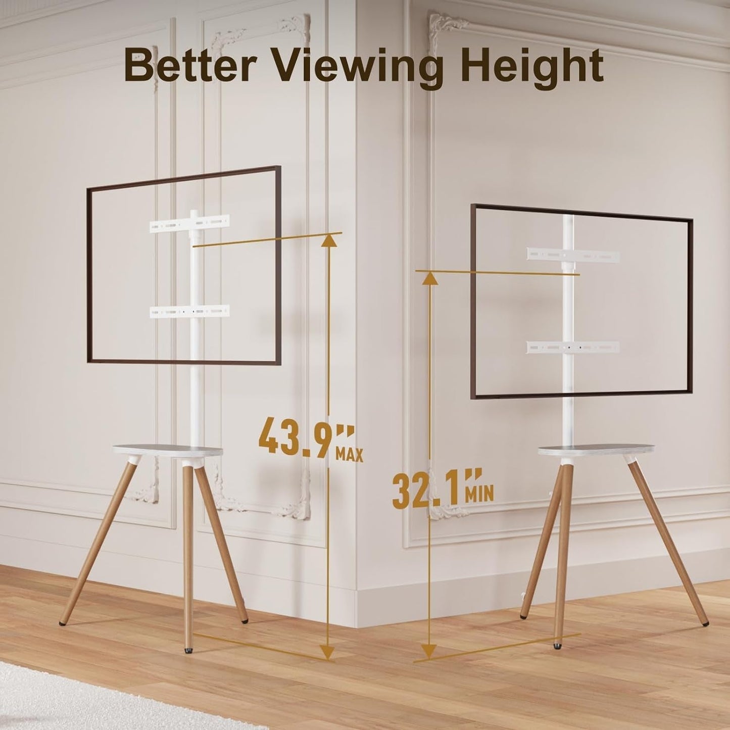 Tripod Easel TV Stand for 40 to 65 Inch LCD LED OLED Screen, Height Adjustable and Swievel Floor TV Stand, Corner TV Stand with Wooden Tray, VESA 400X400Mm, Minimalist White-2