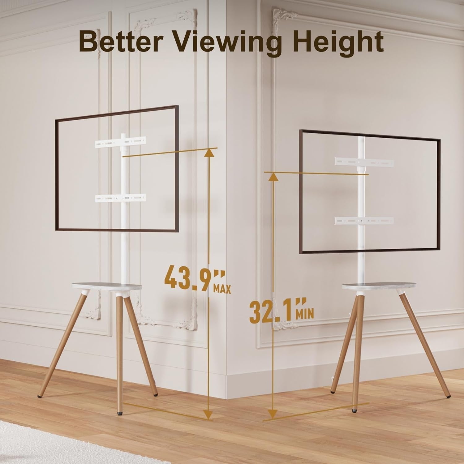 Tripod Easel TV Stand for 40 to 65 Inch LCD LED OLED Screen, Height Adjustable and Swievel Floor TV Stand, Corner TV Stand with Wooden Tray, VESA 400X400Mm, Minimalist White-2